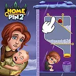 Žena s plačícím dítětem a druhé dítě sedící vedle kbelíku, s náznakem interaktivní rébusové hry na pozadí
