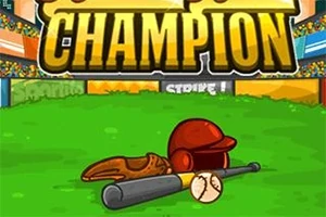 Baseballová rukavice, pálka, helma a míč na hřišti s textem Champion nahoře