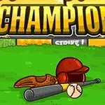 Baseballová rukavice, pálka, helma a míč na hřišti s textem Champion nahoře