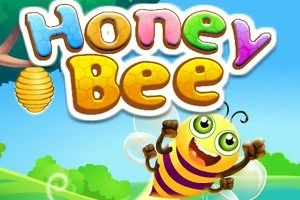 Usměvavá kreslená včelka s velkýma zelenýma očima a pruhovaným tělem létá mezi zelenými stromy a úlem pod duhovým nápisem Honey Bee
