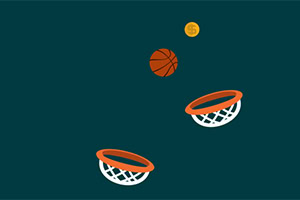 Basketbalový míč letící směrem k dvěma košům s mincí na tmavě modrém pozadí