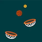 Basketbalový míč letící směrem k dvěma košům s mincí na tmavě modrém pozadí