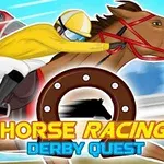 Jezdec na hnědém koni v žlutém dresu závodí na dostihové dráze s modrou oblohou v pozadí, doplněno textem Horse Racing Derby Quest a podkovou
