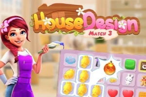 Mladá žena s červenými vlasy drží štětec vedle herní tabulky se zlatými mincemi a dalšími barevnými prvky, s nápisem House Design Match 3 nahoře