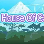 Název House Of Cards v fialovém písmu na modrém pozadí s obrysy stromů a domu z karet