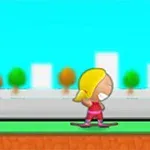 Animovaná postavička s blond vlasy na skateboardu na pastelovém pozadí s budovami a stromy