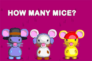 Tři kreslené myši s různými klobouky na fialovém pozadí, s nápisem HOW MANY MICE?