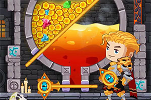 Mladý hrdina stojí vedle desky s mincemi a drahokamy v pozadí lávového jezírka ve středověkém prostředí