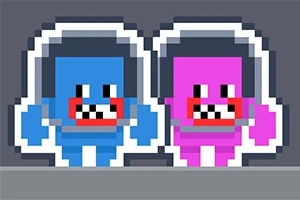 Dva barevní pixeloví roboti v helmách, modrý a růžový, na šedém pozadí