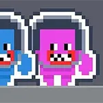 Dva barevní pixeloví roboti v helmách, modrý a růžový, na šedém pozadí