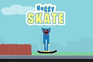 Modrá postava s širokým úsměvem stojí na skateboardu před plotem s nápisem Huggy SKATE nahoře