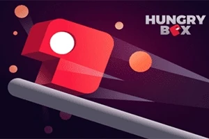 Červená kostka s bílým kruhem, pohybující se dynamicky na tmavém pozadí s nápisem HUNGRY BOX v pravém horním rohu