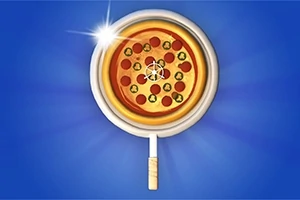 Lupa zobrazující pizzu s různými přísadami na modrém pozadí