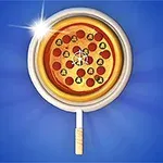 Lupa zobrazující pizzu s různými přísadami na modrém pozadí