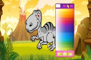 Šedý kreslený dinosaurus s červeným okem a barevnou paletou na kosmopolitně stylizovaném prehistorickém pozadí s vulkánem