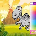 Šedý kreslený dinosaurus s červeným okem a barevnou paletou na kosmopolitně stylizovaném prehistorickém pozadí s vulkánem