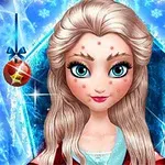 Postava s blond vlasy obklopena vánočními ozdobami na modrém pozadí