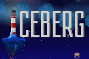 Maják na plovoucím ostrově s nápisem ICEBERG na modrém pozadí s hvězdami a medúzami