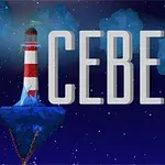 Maják na plovoucím ostrově s nápisem ICEBERG na modrém pozadí s hvězdami a medúzami