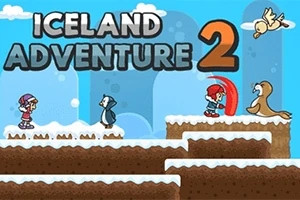 Dvě kreslené postavičky, tučňák a pták na zasněžené plošině s nápisem Iceland Adventure 2 na modrém pozadí