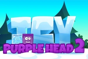Velké nápisy ICY a PURPLE HEAD 2 v zimní krajině s kreslenými kostkami ledu a fialovou tváří na pozadí stromů