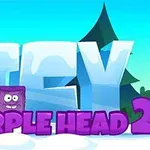 Velké nápisy ICY a PURPLE HEAD 2 v zimní krajině s kreslenými kostkami ledu a fialovou tváří na pozadí stromů