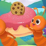 Dvě roztomilé oranžové mravence nesou velký donut s růžovou polevou a sušenkou na vrchu v barevném, kresleném lese