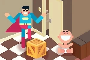 Kreslená postava superhrdiny skáče vedle usmívajícího se miminka sedícího na podlaze v místnosti s otevřenými dveřmi a dřevěnou bednou