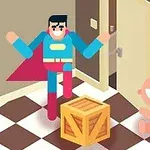 Kreslená postava superhrdiny skáče vedle usmívajícího se miminka sedícího na podlaze v místnosti s otevřenými dveřmi a dřevěnou bednou