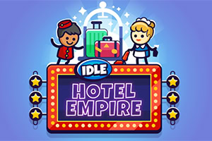 Dvě kreslené postavy, nosič zavazadel a pokojská, stojí s kufry a vysmáté před barevným nápisem Hotel Empire na poutači ozdobeném hvězdami