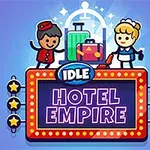 Dvě kreslené postavy, nosič zavazadel a pokojská, stojí s kufry a vysmáté před barevným nápisem Hotel Empire na poutači ozdobeném hvězdami
