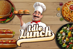 Šéfkuchař s knírem držící tác s hamburgery, obklopený ilustracemi jídla jako jsou hotdogy, pizza, hranolky a salát, s nápisem „Idle Lunch“ na dřevěném pozadí