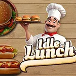 Šéfkuchař s knírem držící tác s hamburgery, obklopený ilustracemi jídla jako jsou hotdogy, pizza, hranolky a salát, s nápisem „Idle Lunch“ na dřevěném pozadí