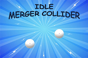 Modrý pozadí s paprsky a dvěma bílými koulemi, text IDLE MERGER COLLIDER nahoře