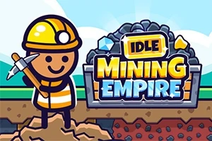Usměvavá kreslená postavička v přilbě s krumpáčem stojí vedle nápisu Idle Mining Empire před hromadou uhlí