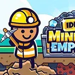 Usměvavá kreslená postavička v přilbě s krumpáčem stojí vedle nápisu Idle Mining Empire před hromadou uhlí
