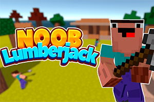 Postava s pixelovaným vzhledem drží sekeru na trávníku, s nápisem Noob Lumberjack na jasném pozadí