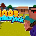 Postava s pixelovaným vzhledem drží sekeru na trávníku, s nápisem Noob Lumberjack na jasném pozadí
