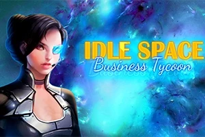 Žena s futuristickými brýlemi na temném pozadí vesmírné mlhoviny a nápis Idle Space Business Tycoon