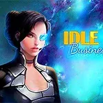 Žena s futuristickými brýlemi na temném pozadí vesmírné mlhoviny a nápis Idle Space Business Tycoon