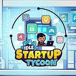 Ilustrace s usmívajícím se postavičkou u počítače obklopenou ikony a nápisem Idle Startup Tycoon na pozadí s moderními technologiemi