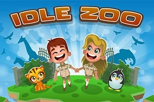 Děti v safari oblečení s tigříkem a tučňákem v zeleném prostředí, s nápisem Idle Zoo nahoře