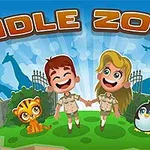Děti v safari oblečení s tigříkem a tučňákem v zeleném prostředí, s nápisem Idle Zoo nahoře