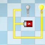 Žárovka svítí díky elektrickému obvodu s červenou baterií na modro-bílé mřížce