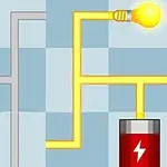 Zobrazení jednoduchého elektrického obvodu s propojenými dráty, rozsvícenou žárovkou a baterií