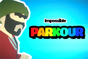 Barevný nápis Impossible Parkour na modrém pozadí s postavou v klobouku a vousy vlevo