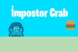 Modrý pixelový krab stojí na zeleném povrchu vedle pixelového hamburgery, s nápisem „impostor Crab“ nahoře