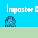 Modrý pixelový krab stojí na zeleném povrchu vedle pixelového hamburgery, s nápisem „impostor Crab“ nahoře
