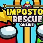 Červená a zelená postava s velkými očima, nad nimi nápis IMPOSTOR RESCUE ONLINE na modrém pozadí