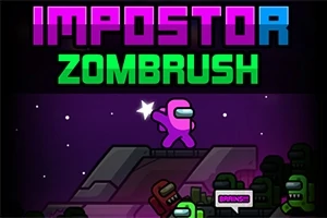 Barevná grafika s nápisem IMPOSTOR ZOMBRUSH a postavou v růžovém obleku na tmavém pozadí s hvězdami